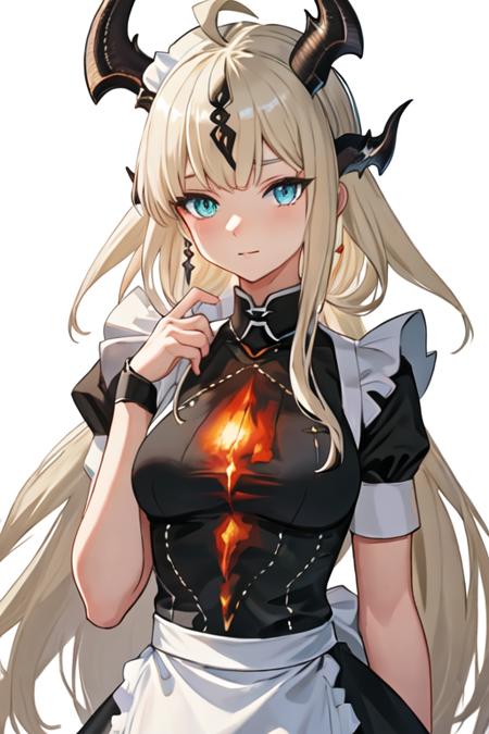 best quality, masterpiece, highres, solo, {maid:1.40}, {long maid dress:1.15}, {reed_arknights:1.15}, horns, long_hair, dragon_horns, ahoge, bangs, blonde_hair, upper_body, blue_eyes, tail, breasts, white_hair, green_eyes