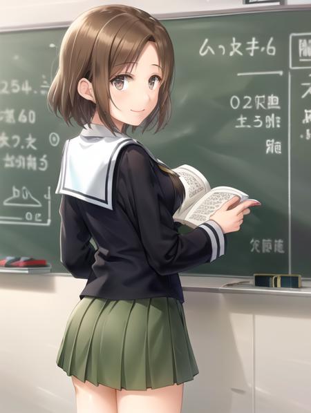 <lora:POVpizarra:0.7> POVpizarra, 1girl, solo, looking at viewer, smile, short hair, bangs, skirt, brown hair, shirt, long sleeves, holding, brown eyes, closed mouth, school uniform, standing, white shirt, pleated skirt, serafuku, socks, looking back, miniskirt, sailor collar, from behind, neckerchief, book, military, blouse, green skirt, ground vehicle, black socks, motor vehicle, holding book, military vehicle, classroom, ooarai school uniform, tank, black neckerchief, chalk, panzerkampfwagen iv