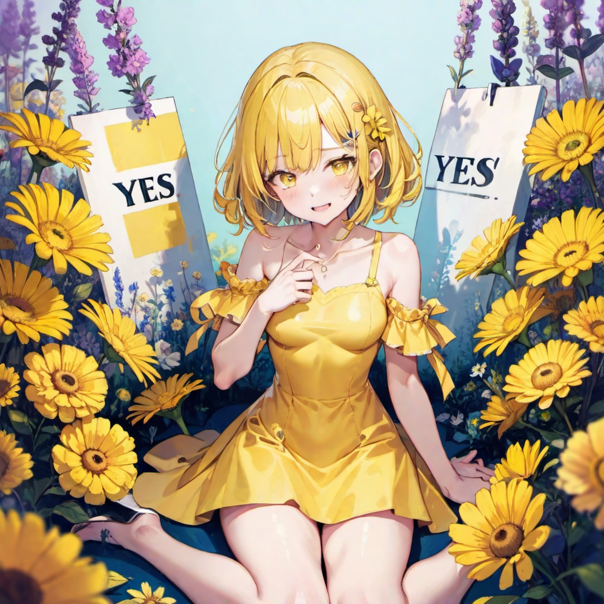 A girl in a yellow dress,Sitting among the flowers,Holding a sign,It says' YES',