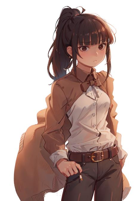 1girl, solo,  long hair,  brown pants, black hair, belt,  shirt, ponytail, simple background, white shirt, long sleeves, bangs, looking at viewer,  breasts, high ponytail, standing, cowboy shot, (brown cape,:1.2) brown pants, medium breasts, parted lips, head tilt, brown eyes, buckle, black eyes, sidelocks, brown belt, belt buckle, blunt bangs, emotionless, narberal_gamma,  <lora:Narberal Gamma v1_1:0.75>,  <lora:COOLKIDS_MERGE_V2.5:1>