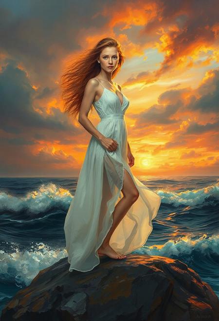 score_9, score_8_up, score_7_up, detailed masterpiece, (maxfield Parish style painting:0.9), 1woman, 25 years old, tall slender redheaded woman standing on a large rock in the ocean,  sunset, stormy sky’s, large windblown waves:0.8, colorful sunset sky, 
looking at viewer, perfect pale white skin, cute face, Scandinavian features, big blue doe eyes, full pouty lips, swarthy, sultry, detailed ginger windblown hair with white highlights, long flowing sheer white dress blowing in the wind, high leg slits, standing, medium perfectly shaped breasts,
hot atmosphere, dreamy light, perfect skin,, dramatic lighting, front view,  dreamy blurred colorful background,