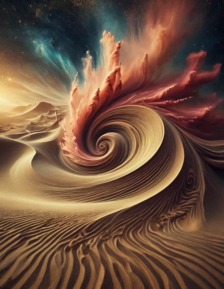 abstract swirling sand, cosmic dust, nebula, stardust, sandswirl, ancient ruins emerging from sand, forgotten city  <lora:SandSwirlLoRa:0.8>