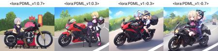 2girls, spiked bracelet, spiked collar, motorcycle helmet, BKNG, (anime_coloring:1), all four, (black_gloves:1.1), wheel, riding, smirk, groping, bkningen, femdom, boots, outdoors, choker, road, <lora:PDML_v1:0.7>