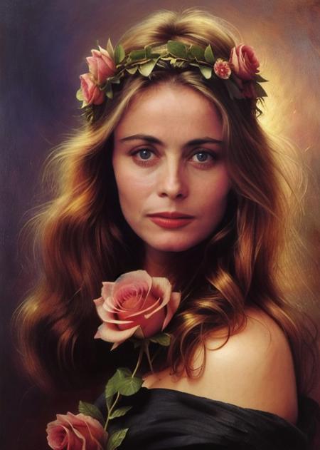 emmanuelle_beart,with flowers in her hair and a wreath of pink roses on her head,standing in front of a dark background,painted by artgerm and tom bagshaw,fantasy art,dramatic lighting,highly detailed oil painting,
<lora:emmanuelle_beart-000007:0.9>,