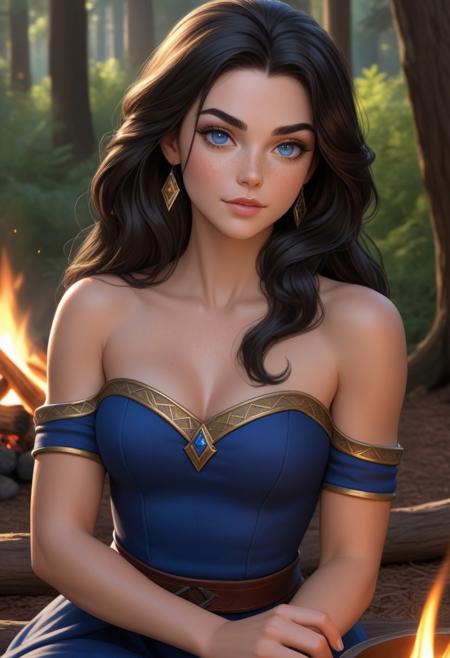 (photorealism:1.5)
female princess,  thoughtful expression, gazing at the campfire,   night forest in the background, warm sunlight, vibrant colors, high contrast, hyper-realistic, serene atmosphere, pensive pose, detailed, high-definition, reflective mood, peaceful setting,  long black hair, blue eyes
slight freckles, long eyelashes, thick eyebrows,  girl in off-shoulder mage dress, big neckline, 
head tilt, playful, perfect hands, eye contact,  midriff,  toned, fit, adult son, falling leaves on manly arm of adult son