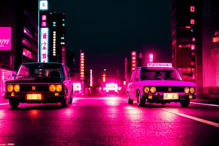 analog style, A black car drifting on the streets of tokyo at night :: pink sunset and city in the background,Luxyry style,Hyperdetailed, Ultra realistic, cinematic, Neon lighting, Unreal engine, RTX, (VAZ2106),  <lora:VAZ2106:0.8>