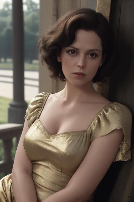 closeup of sgwver wearing a [golden] vintage dress, prewar america outdoors, smug expression, short hairdo, realistic, <lora:SgWver_v3_768_locon_64_64:1>