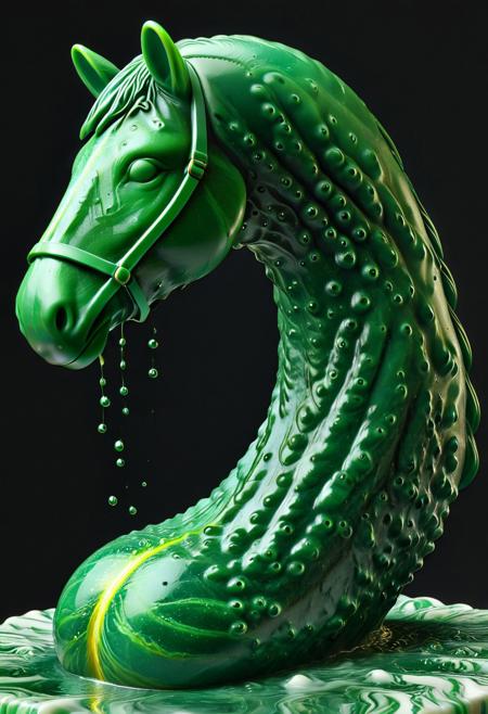 best quality, masterpiece, high resolution, intricate detailed,
(horse sculpture:1.1) made of green Liquid Marble, melting, wavy, bubbles, 
made out of dvr-pckl,
high detail,
gold veins, ethereal, majestic, detailed digital art, close up, ground shot, 
dark background,