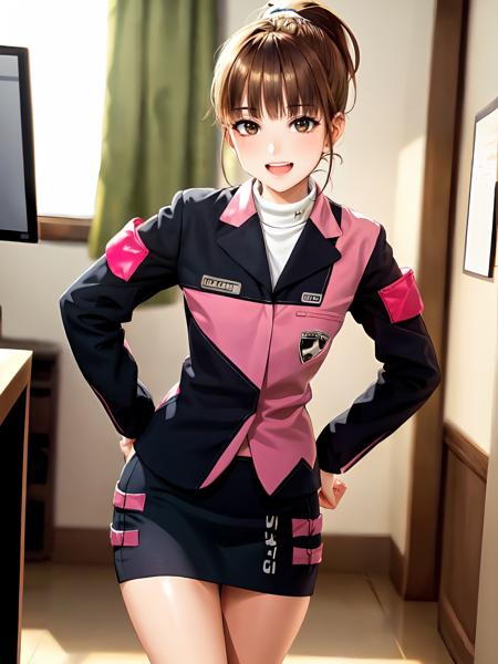 Umeko brown hair, skirt, ponytail, jacket, boots, pencil skirt, uniform, brown eyes, long sleeves, short hair, black footwear, star (symbol), blush, bangs, armband,