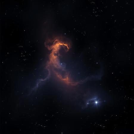 photorealistic dark translucent cosmic nebula in hues of black, blue, orange, and purple, and with 6 diffraction lines on stars