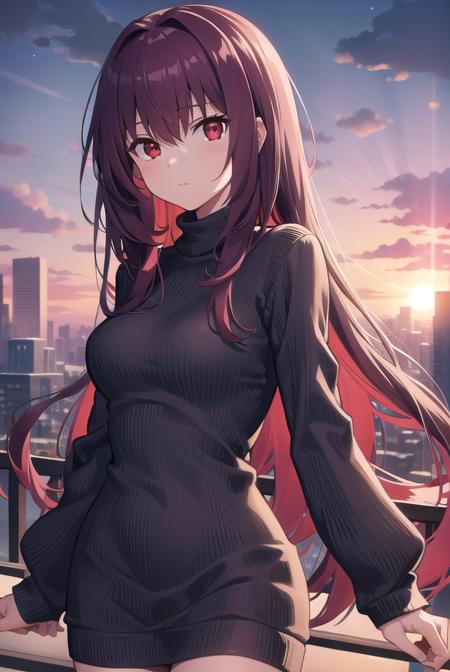 scathach, <lora:scathachtest:1>, scathach, long hair, purple hair, (red eyes:1.5),
BREAK long sleeves, ribbed sweater, sweater, turtleneck, turtleneck sweater, white sweater
BREAK outdoors, city,
BREAK looking at viewer, 
BREAK <lora:GoodHands-vanilla:1>, (masterpiece:1.2), best quality, high resolution, unity 8k wallpaper, (illustration:0.8), (beautiful detailed eyes:1.6), extremely detailed face, perfect lighting, extremely detailed CG, (perfect hands, perfect anatomy),