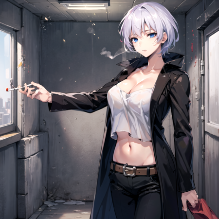 natalia_kaminski a girl with grey  hair in a black jacket smoking a cigarette, 1girl, solo, blue eyes, cigarette, short hair, breasts, room background, indoors, an anime illustration of a woman holding a gun, 1girl, weapon, gun, solo, short hair, blue eyes, fire, navel, long coat, midriff, day, outdoors, white hair, woman wearing black coat and white shirt is holding a gun and giving a sinister face, 1girl, solo, weapon, breasts, short hair, gun, navel, cleavage, cigarette, midriff, belt, blue eyes, large breasts, pants, coat, smoking, handgun