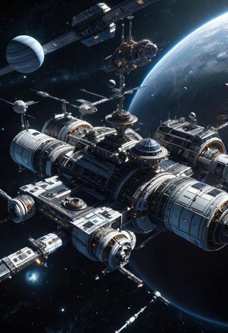 a photo of a ral-frctlgmtry space station navigateing in space with planets and galaxies in the background, highly detailed, intricate design, high quality, 8k, cinematic, epic, ray tracing, deep shadows, dark fantasy