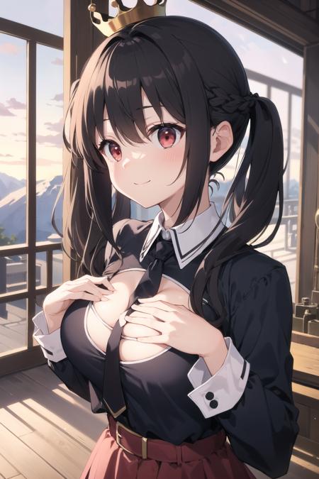 outdoor, grass, mountain, day,
BREAK (red_eyes:1.2), braid, long hair, golden_hair_ornament, black hair, hair bow, (crown_braid:1.2), (low_twintails:1.4), large_breasts,
BREAK necktie, (pink_necktie:1.2), belt, long sleeves, (cleavage_cutout:1.3), cleavage, necktie_between_breasts, black_shirt,
BREAK standing, upper_body, hands_on_own_chest, looking_to_the_side,
BREAK smile, blush,
BREAK (masterpiece:1.2), (beautiful detailed eyes:1.2), perfect lighting, (perfect hands, perfect anatomy)