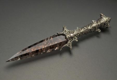 score_9, score_8_up, score_7_up, score_6_up, score_5_up, score_4_up,<lora:Fant5yP0ny:0.8>, Dagger, this long thin dagger is shaped like a 
typical stiletto and made of thin smokey quartz.  
When drawn the smokey pattern seems to swirl 
menacingly.