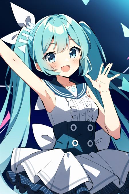 <lora:Hatsune Miku(Blue Archive):0.8>, buruaka miku, 1girl, solo, long hair, looking at viewer, blush, smile, open mouth, bangs, blue eyes, twintails, very long hair, collarbone, white shirt, frills, sleeveless, armpits, sailor collar, arm up, sleeveless shirt, aqua hair, hair ornament, cowboy shot