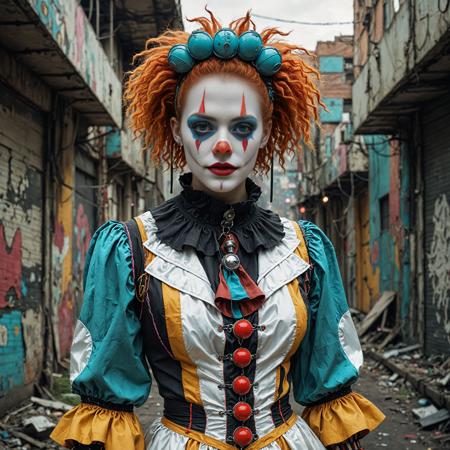woman,classical realism, clown, bohemian outfit, acidwave, Cyberpunk fashion style, inspired by futuristic dystopian settings, features high-tech and futuristic clothing, incorporates elements of technology and urban culture, promotes a bold and avant-garde aesthetic