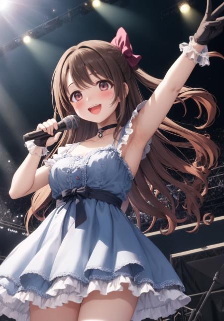 masterpiece,best quality,1girl ,very long hair,brown hair,one side up,
microphone, dress,smile, v, pink dress, gloves,arm up, blush, bow, holding microphone, sky, sun, frills, hair bow, collarbone, bubble, :d, blue sky, armpits,idol, flower, choker,layered dress, pink bow, frilled dress,cloud, short sleeves,on stage,stage light
 <lora:Shimamura_Uzuki_V1.5:1>