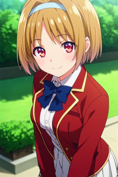 kushida kikyou, short hair, hair intakes, red eyes, hair band, school uniform, red jacket, white skirt, blue bow,