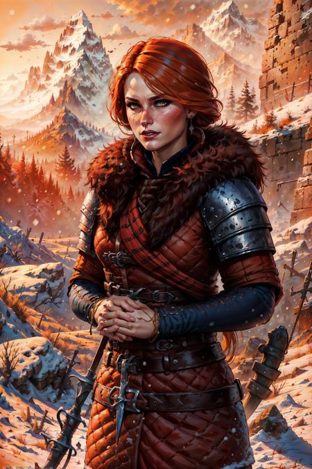 (masterpiece, top quality, best quality, official art, detailed:1.2), <lora:cerys:0.7>, cerysW3, 1girl, solo, long hair, brown eyes, weapon, outdoors, armor, fur trim, own hands together, snow, mountain, red lips, red hair