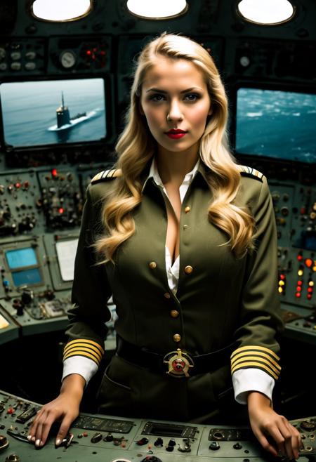 Show me a picture of a gorgeous blond woman in the control room of a nuclear submarine, woman is the captain of the submarine, in command, in charge, looking through the periscope, dark mood lighting, movie set lighting, sexy uniform, cleavage,