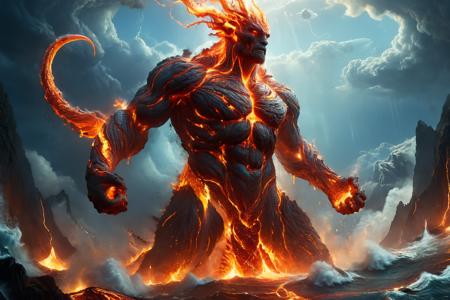 <lora:more_details:0.7>, <lora:xl_more_art-full_v1:0.7>, (best quality:1.5), (intricate emotional details:1.5), (ultra detailed), (sharp focus), (sharp details), a detailed digital illustration of a  <lora:ral-lava-sdxl:0.7> ral-lava Storm giant wielding a colossal trident, controlling the weather Hands in pockets, relaxed posture in A realm where floating islands drift across a sea of clouds, each holding a unique ecosystem, Dramatically lit, Renaissance, Portrait,