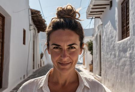 *A hyper-realistic headshot of a 42-year-old woman in a Mykonos alley, her olive skin showing uneven tan lines, a faint acne scar on her jaw, and natural forehead wrinkles as she squints in the sun. Her dark hair is pulled into a messy bun, flyaways glowing from backlight. She wears a linen shirt, the bougainvillea behind her a muted pink blur. Shot on a Sony A7R IV with a 50mm f/1.4 lens at f/2.2. Lighting: harsh midday sun diffused by alley shadows, highlighting her skin’s oiliness and peach fuzz.*