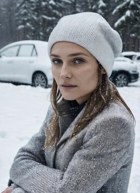 RAW photo of a sks woman, sitting in outdoor car ,winter ,snowy , ((wearing cap)), (detailed face), grunge, ((visual kai)),  ((full body)), (high detailed skin:1.2), 8k uhd, dslr, soft lighting, high quality, film grain, Fujifilm XT3, <lora:locon_diane_v1_from_v1_64_32:1.3>