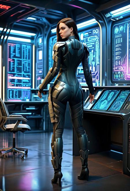 (jennifer connally:0.9) as a powerful confident plus-size sophisticated cyborg executive, age-25, fabulous dark hair, in a stiff futuristic formal alien rubber ribbed bodysuit, fancy epaulets, in a cyberpunk city skyscraper science fiction room office, futuristic image
(realistic photograph, 8k resolution, tilt-shift lens:0.9)