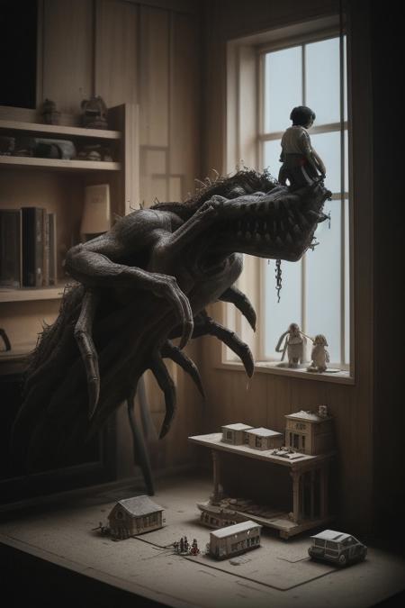 dark moody unsettling and surreal Kodachrome photograph, original character, hasselblad, indoors, giant horrifying demon hand reaching through doll house window, megalophobia, small world,