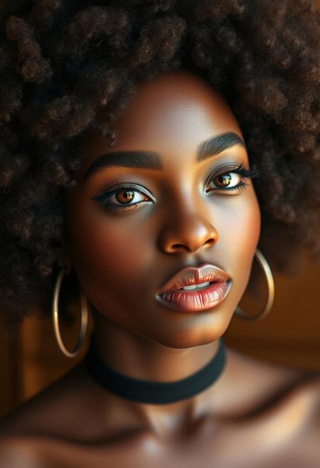(masterpiece:1.4), (beautiful lighting:1.1), up close, portrait shot of a beautiful brown sugar skinned Milf with 2 amber afro puffs that's looking at the Viewer she has chestnut brown lipstick and faintly glowing amber eyes and wearing a thin black choker and blushing