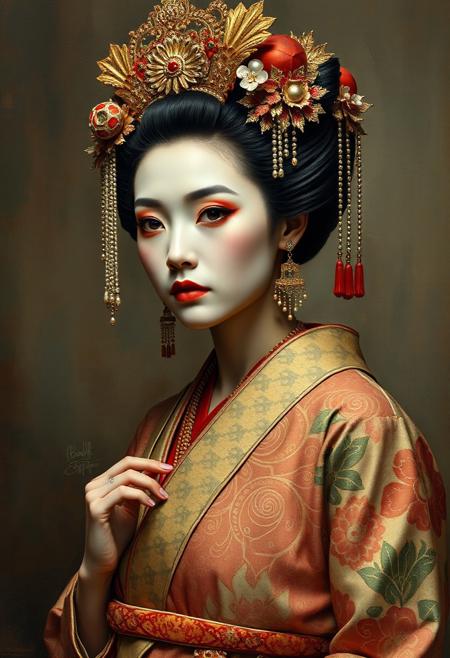 Beautiful african geisha, oriental damask ornaments, in the style of restrained palette, distressed materials, realistic color schemes, hieratic visionary, figura serpentinata, nicola samori, bold yet graceful , alexander McQueen fashion costume style, oil painting style