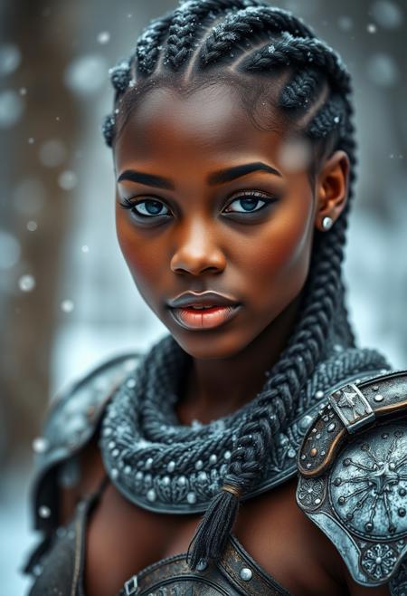 Photo-shoot, of a sexy young beautiful  Congolese model with Sculpted and graceful body , ( Classic Hollywood makeup style) ( Tight French braid hairstyle , Gunmetal gray hair_color ) (barbarian iron armour) , Blizzard conditions weather , TTL lighting, shot with Sony Alpha A9 Mirrorless camera,  dynamic angle, cinematic, Depth of field, bokeh, best_quality, cinematic, light particles, highly_detailed, very_aesthetic, beautiful_and_aesthetic, top_quality, hyperrealistic, photorealistic, ultra detail, curves, sexy,  Ultra realistic, masterpiece. 8k, HDR,absurd_res, hi_res, detailed face, highly detailed, very aesthetic, Cinematic, absurdres, RAW, source_photo, high quality photography, ,realistic, real life,