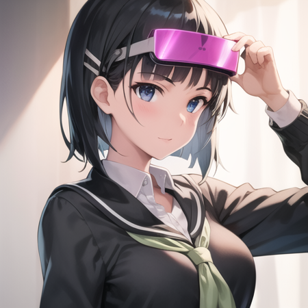 <lora:suguha-05:0.8>, zodiac_suguha, 1girl, solo, school uniform, short hair, black hair, dark gray eyes, head-mounted display