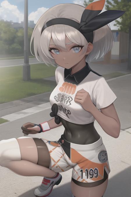 masterpiece, best quality, highres,  <lora:BeaPokemon:1>, 1girl, solo, shorts, bodysuit under clothes, hairband, bodysuit, short sleeves, single glove, shirt, black hairband, print shirt, black bodysuit, collared shirt, looking at viewer,  closed mouth, bow hairband, outdoors,