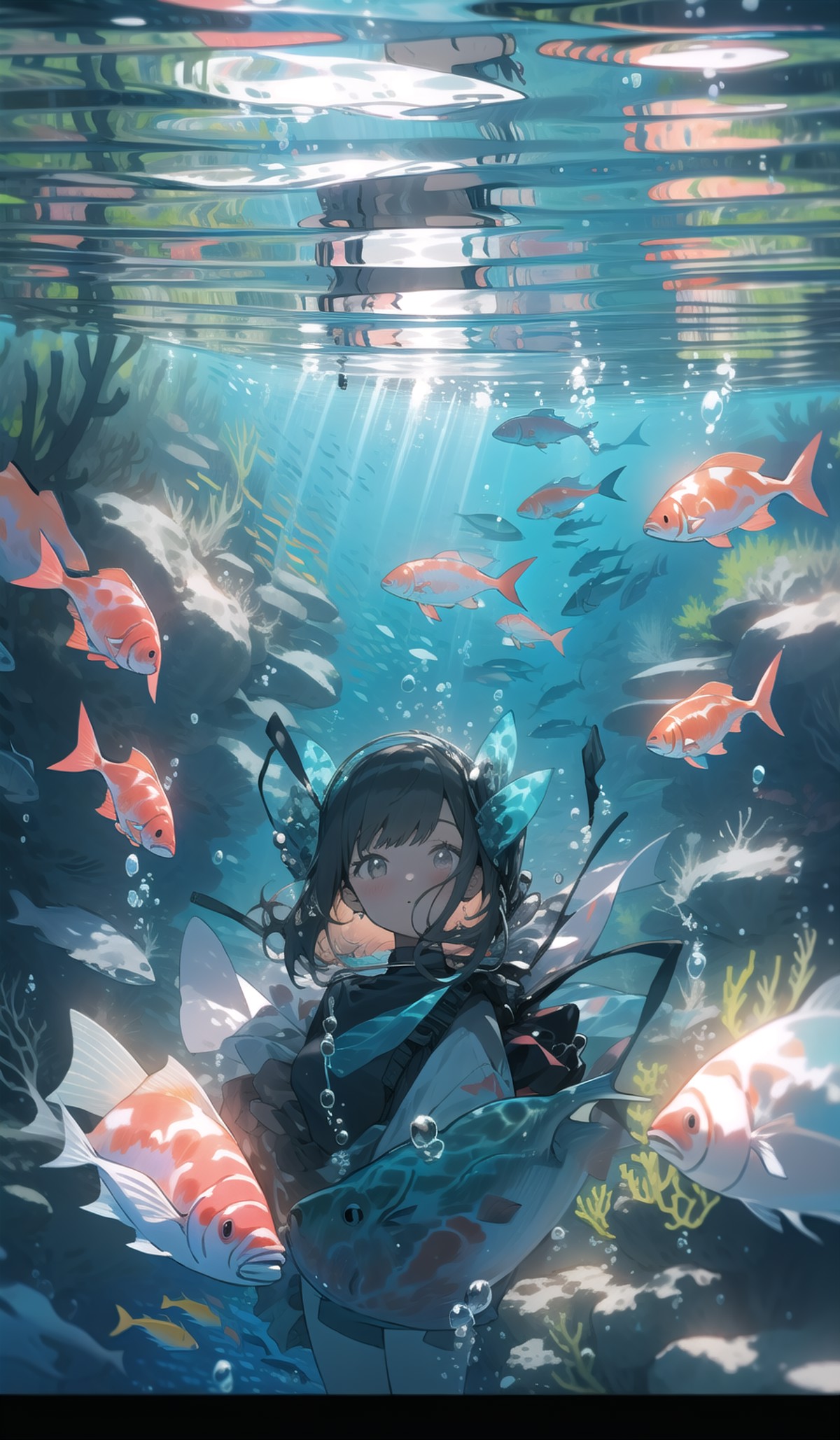 1girl, solo, fish, underwater,looking at viewer, bubble, bangs, coral, , sunlight, air bubble, ribbon <lora:waterlight-000...