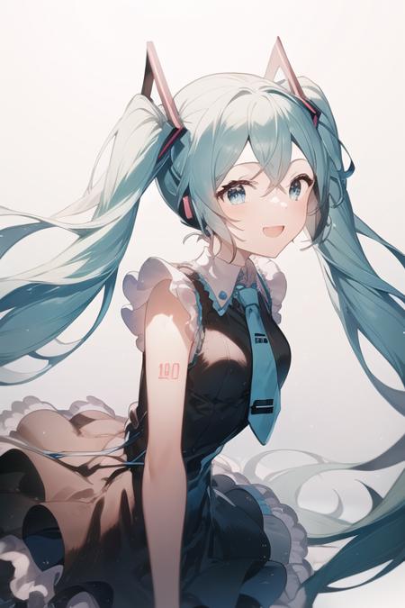 1girl,masterpiece,upper body, best_quality,hatsune miku,gradient hair,twintails,aqua eyes,open mouth, smile,arms behind back,  <lora:rella-v2-000005:1>