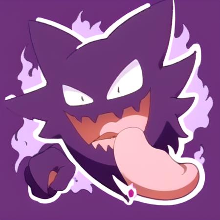 haunter, purple, anime, smile, ^_^, open mouth, tongue, tongue out, looking at viewer, pointing at viewer, purple background, fire, ultra-detailed