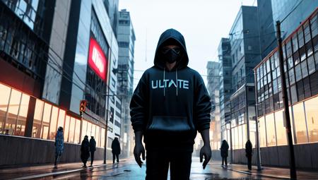 (high quality, best quality, hi res), (ultimate phtoreal  cyi style Concept Art), (dynamic compose, charcter, hoodie):2.0, (dark atomosphere, cyberpunk city ):2.0 , (Ray traching, Lumen, highly detailed digital painting, 8 k, realistic, hyperdetailed photorealistic, volumetric, intricate detail),