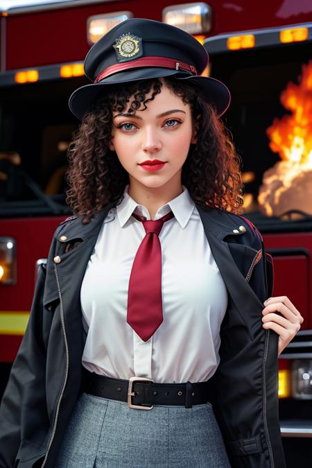 photo of a woman, bventi:0.99, ((pale skin):1.1), ((beautiful black hair, short hair):1.1), ((firefighter jacket, firefighter hat, necktie, shirt, skirt):1.2), ((fire, explosions, at night):1.1), ((cowboy shot, waist, hips, thighs):1.2),((red lipstick, eyeliner, eye shadow, blush):1.2), ((best quality, masterpiece, extreme details, high resolution):1.2),((detailed eyes, beautiful eyes, detailed face, beautiful face):1.2)