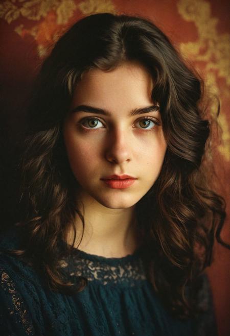 A portrait of a young woman with enigmatic eyes, 18 y.o, perfect detailed eyes, natural skin, hard shadows, film grain, dark hair, and bold makeup, against a vintage muted background, exuding an aura of introspection.