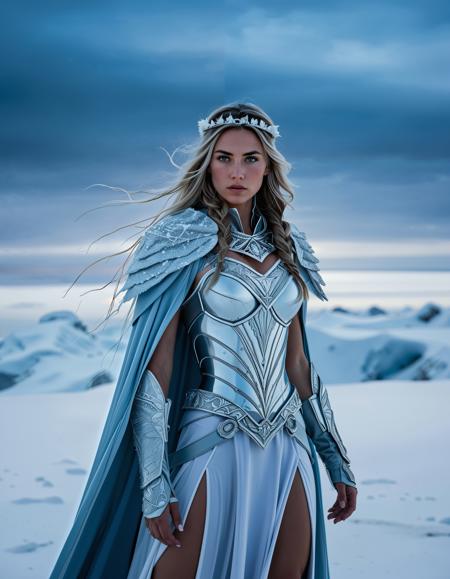 NA-Stunning-Female-Warrior, Amidst the icy world of the Arctic desert, a determined and audacious female warrior gracefully depicts in a mesmerizing Mystery-fantasy full-body illustration. Her piercing ice-blue eyes mirror the frigid darkness of the arctic night, reflecting the icy landscape that surrounds her. Adorned in intricately crafted armor, each piece forged with resilient materials to withstand the biting cold and harsh winds, she gracefully depicts as a stalwart guardian amidst the frozen wastes. ((Her shimmering reinforced cloak, woven from strands of frost and ice crystals), billows in the chilling winds), adding to her mystical allure. Surrounded by the relentless blizzards and swirling snow, and the eerie silence of the arctic desert, she embodies the indomitable spirit of the icy wilderness. With each fluid and dynamic movement, she gracefully depicts her resilience and strength, her unwavering courage a beacon amidst the frozen expanse. Inspired by the stark beauty of the Arctic desert and the visionary works of (((Oliver Barrett, Nico Delort), Annie Stegg Gerard), Audrey Kawasaki), and Samuel Araya, this illustration captures the vast expanse of the frozen landscape, inviting viewers to witness the icy wilderness.