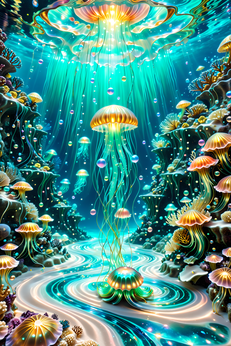A surreal underwater realm where coral castles drip with glowing pearlescent syrup,jellyfish float like silk lanterns above a pearly sand floor,and luminous mermaids paint ocean currents with swirling trails of light and flowing pigments,magical realism,photoreal style,intricate lighting,
a jellyfish  made of l1qu1dp34rl,swimming in the ocean,psychedelic patterned,detailed and intricate pearlescent gold,underwater cavern,rocky outcrops,seaweed,spongebob,detailed and intricate patterns,harmonious palette,a magical and harmonious under water world,
pearlescent,flowing through bioluminescent coral reefs,iridescent bubbles rising in turquoise water,hyper-realistic translucency,pearlescent,
Masterpiece,best quality,hi res,8k,hi res,8k,award winning,(sharp focus, intricate, highly detailed),<lora:SDXLFaeTastic2400:0.4>,<lora:liquidpearlXL_r1:1>,<lora:TrendCraft_The_Peoples_Style_Detailer-v2.1A-3_12_2025-SDXL:0.8>