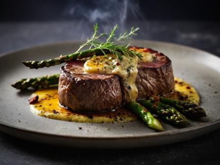 cinematic photography, RAW photo, closeup shot, very closeup on subject, side view, ground shot, perfect round medallion of fillet mignon steak, (uncut:1.5), well marbled, cooked rare, perfectly browned all around, ((bacon wrapped around the sides of the steak)), ((dark caramelization on the top surface of the steak)), nice char, pat of garlic herb butter on top, au jus, BREAK, with mashed potatoes and grilled asparagus, all sitting on gray stone plate, (steam rising from the food), ,bokeh, shallow depth of field, food photo, 8k, ultra sharp focus, intricate details, hyperrealism, DSLR, volumetric lighting, rim lighting, high quality, film grain, Fujifilm XT, SK_CINEMATIC, <lora:zavy-rmlght-sdxl:1> zavy-rmlght