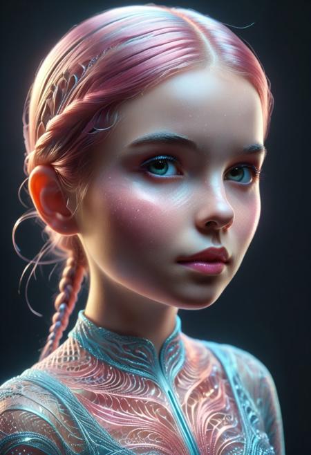 Fractangles, made out of fractangles, LudasStyle, 1girl, solo, score_9, score_8_up, masterpiece, best quality, ultra-detailed, photorealistic close-up, White woman, smooth fair skin with faint blush and a small mole near the lips, flowing pastel pink hair styled with braids and fractangle crystal pins, soft hazel eyes, glossy rose lips, baby blue gown with translucent fractal accents, dreamy studio background with light refraction, ultra-clear skin texture and eye shine