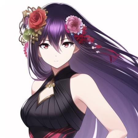 <lora:kasumi:1>, best_quality, high quality, 1girl, purple hair, red eyes, long_hair, white background,  hair_ornament, flower, hair_flower