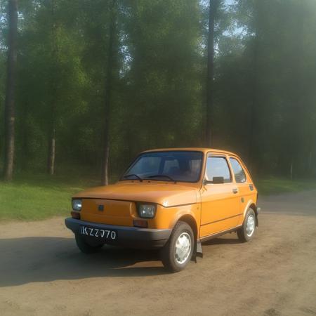 Polish 70s compact car parked on a dirt surface, with a forest visible in the background on a sunny day <lora:polish_70s_compact_car-000001:1>