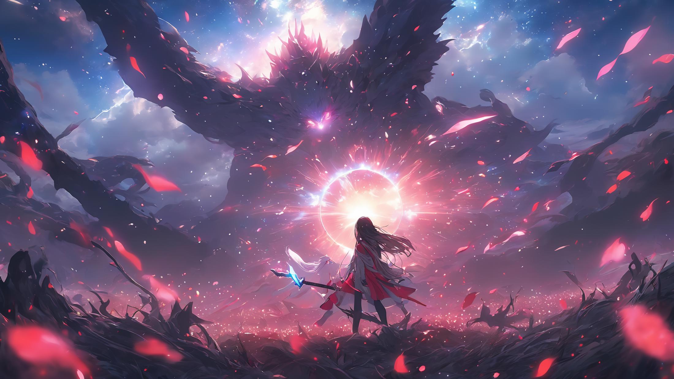 A woman holding a sword in front of a fiery sun and a giant beast.