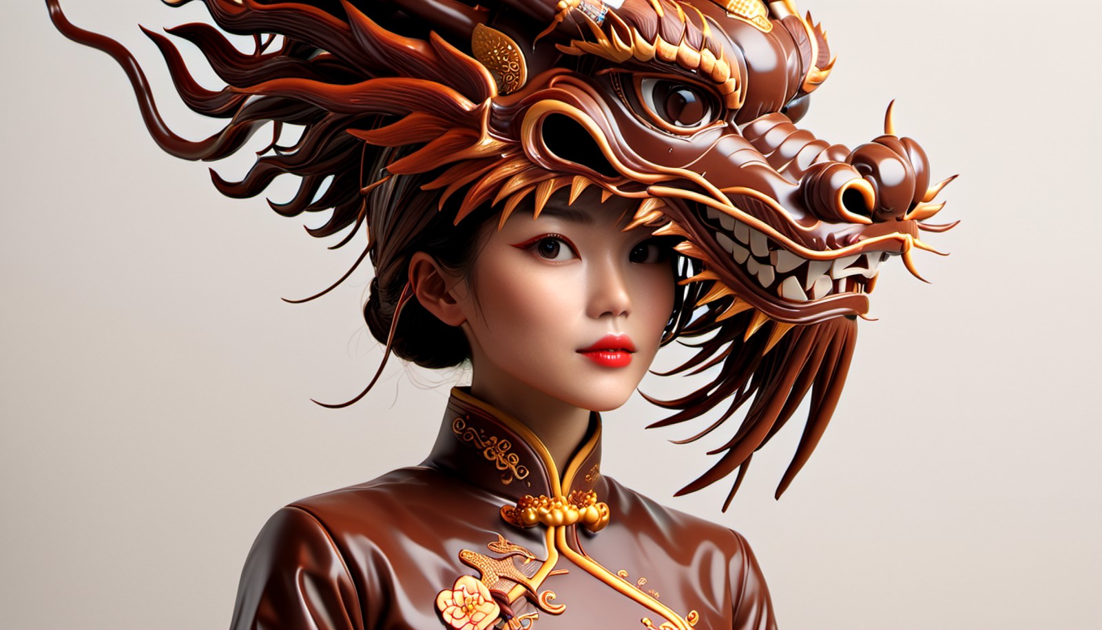 ChocolateRay, woman made entirely of chocolate, wearing traditional chinese garb and a Dragon Mask