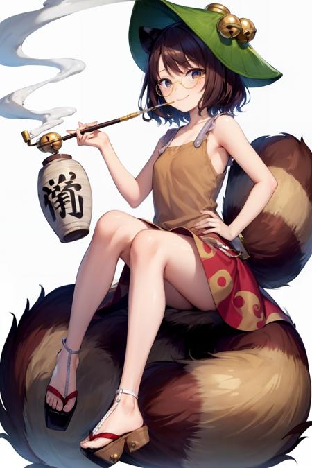 masterpiece, best quality, <lora:FutatsuiwaMamizou:1>,1girl, tail, futatsuiwa mamizou, smoking pipe, glasses, animal ears, brown hair, raccoon tail, kiseru, raccoon ears, hat, brown eyes, bell, gourd, leaf, smoke, solo, sandals, skirt, short hair, hand on hip, leaf on head, clog sandals, smile, sleeveless, shirt, pince-nez, full body, bottle, white background, smoking, geta, jingle bell, sleeveless shirt